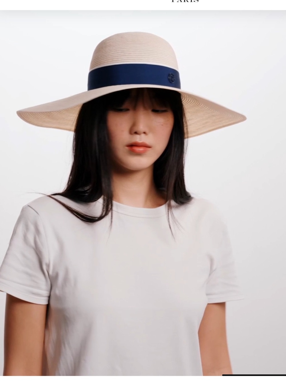 Maison Michel Paris Wide-Brim Straw Sun Hat with Navy Band